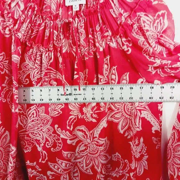 Evereve, M Red and White Print Blouse, Long Sleeve, Tie V Neck Small Ruffle Trim - Picture 10 of 16